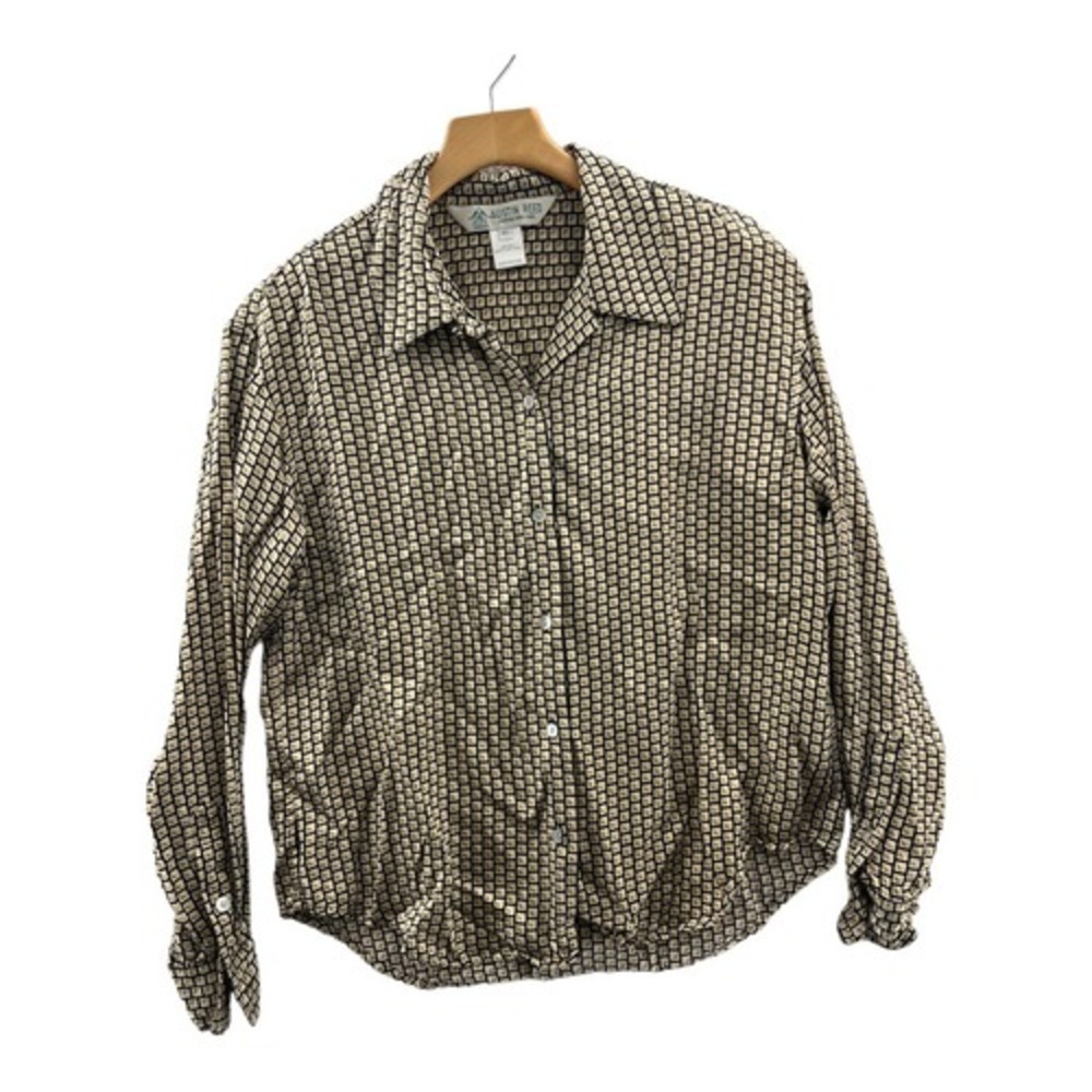 Austin Reed Silk Blouse Womens‎ 10 Tan Black Geometric Square Button Down